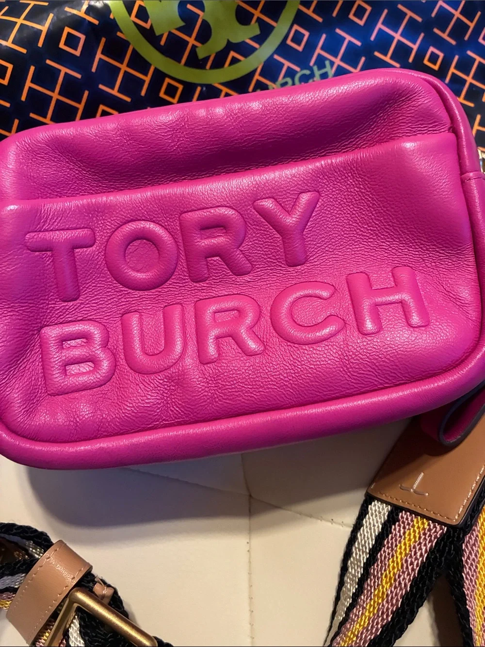 Tory Burch Fuchsia Embossed Leather Crossbody with Striped Web Strap